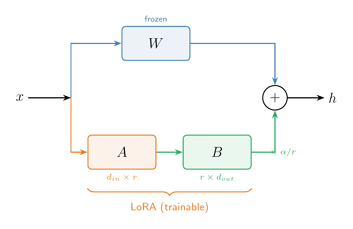 LoRA Architecture: the frozen weight matrix W is bypassed by a low-rank path through matrices A and B
